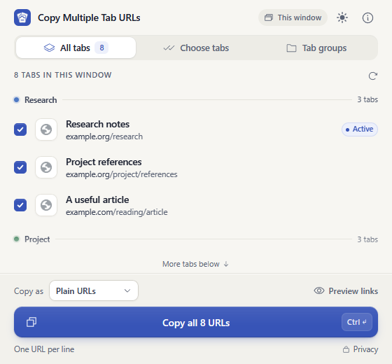 Copy Multiple Tab URLs with All tabs selected and a Copy all 8 URLs button